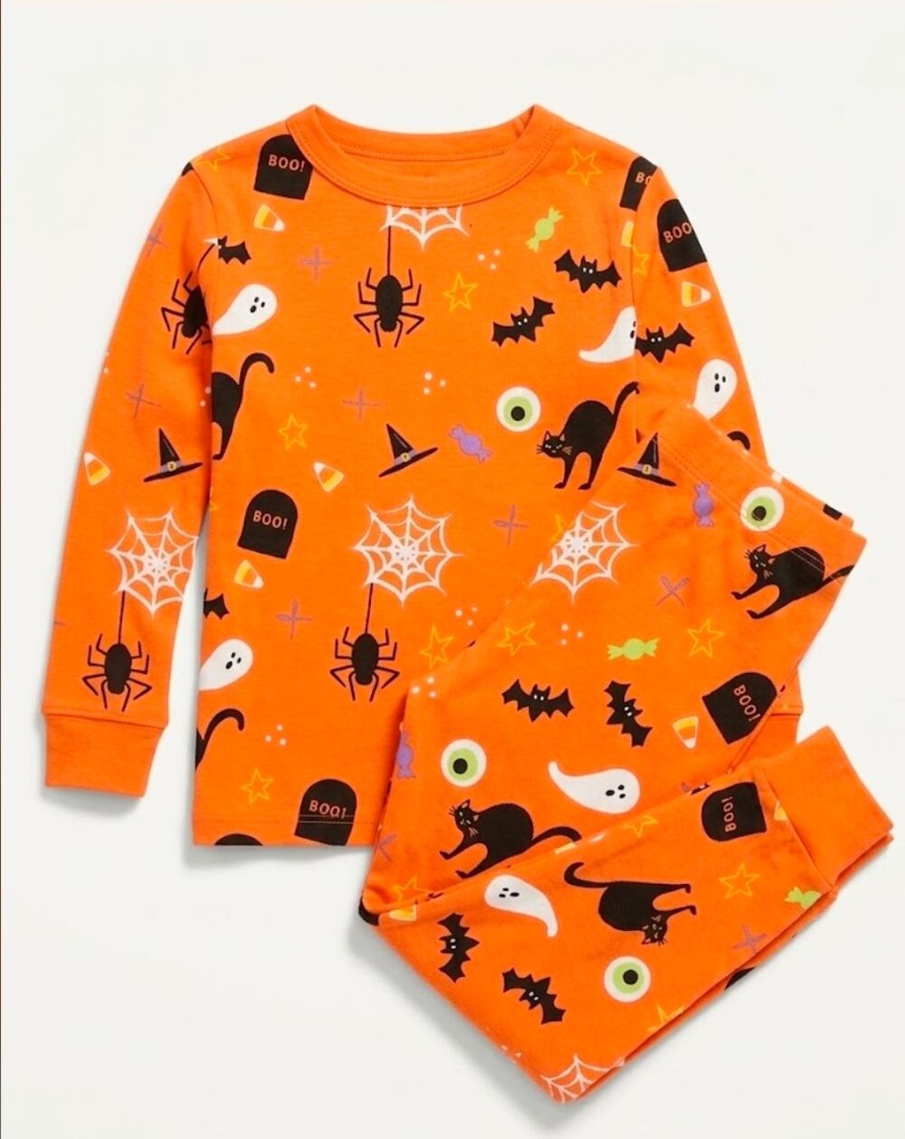 Orange Halloween 2-piece Pajama Sett Alll-Over Print Black Cat Spider Ghost 4